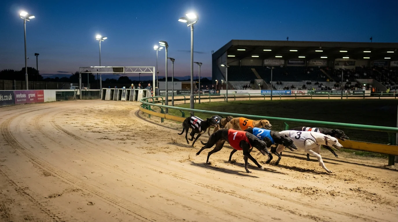 Greyhound dogs racing on a sand oval track at a British GBGB-licensed stadium under floodlights