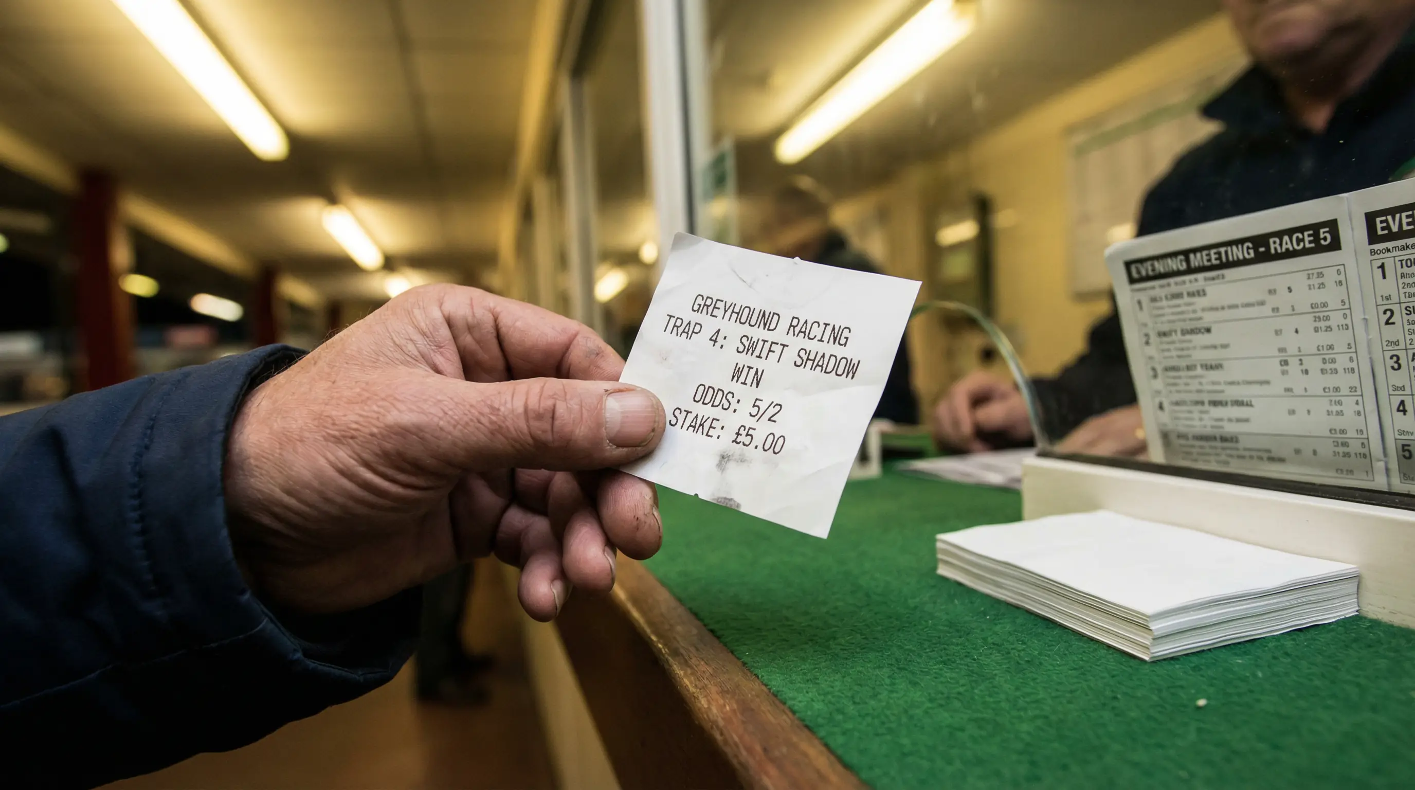Punter holding a greyhound betting slip at a bookmaker counter with race cards visible