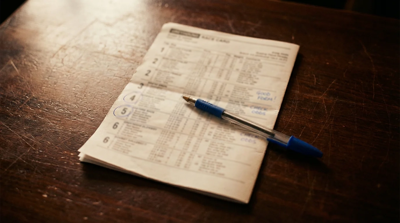 Close-up of a printed greyhound race card with form figures, trap numbers, and race comments