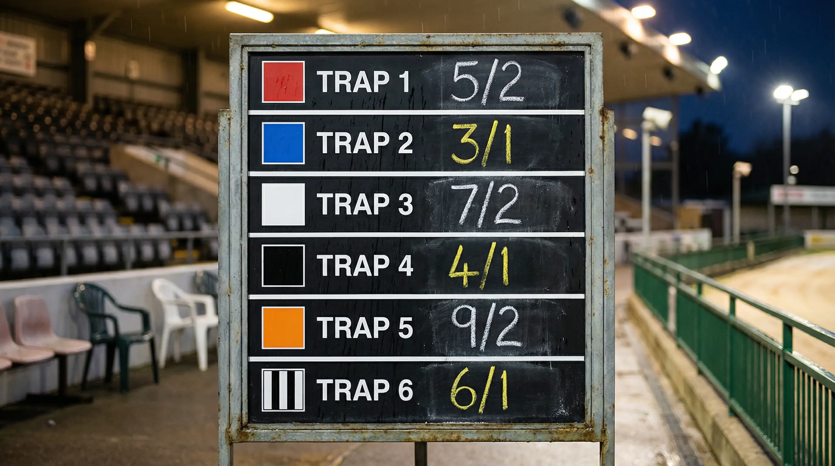 Odds board at a British greyhound track showing fractional prices for six runners
