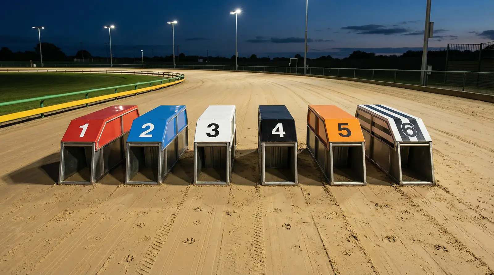 Six greyhound starting traps with coloured lids — red, blue, white, black, orange, and striped — on a sand track