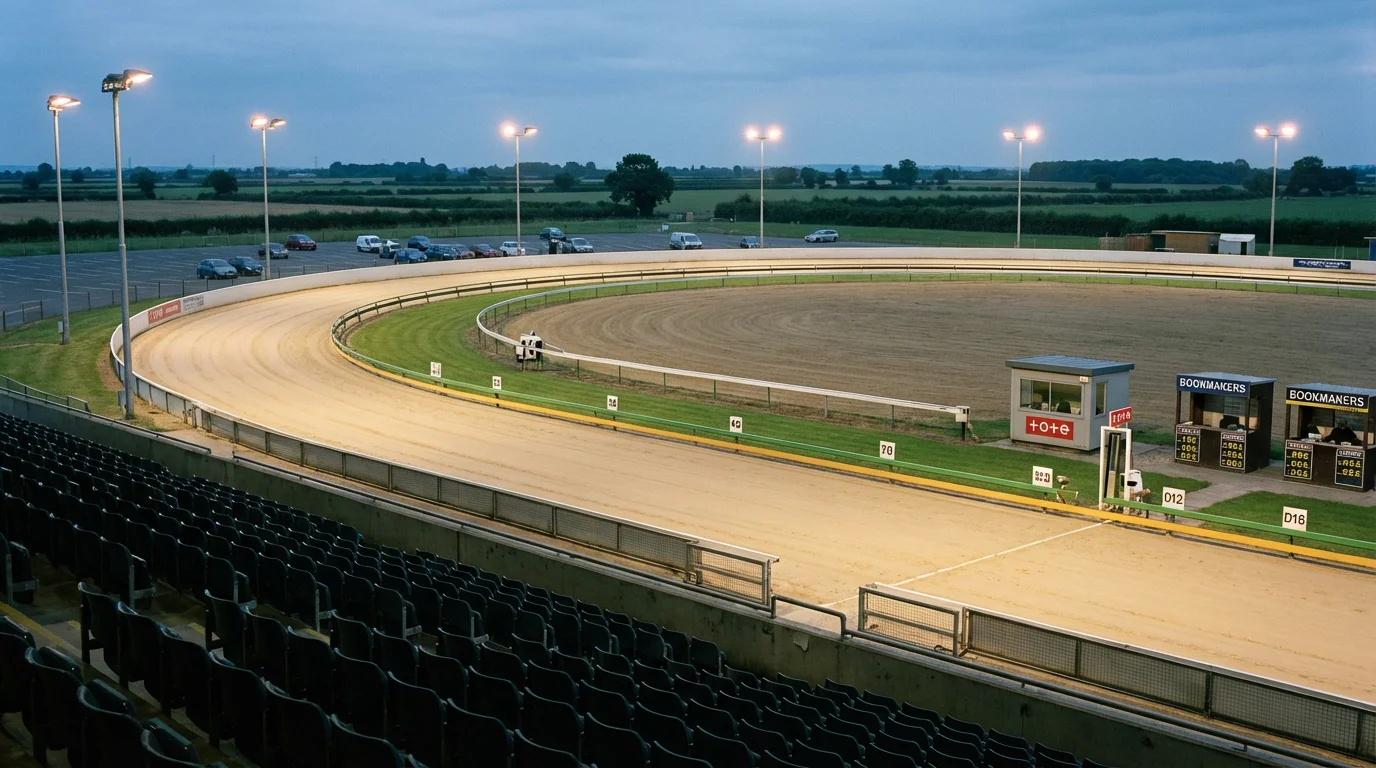 Aerial view of a large UK greyhound stadium showing the sand oval, grandstand, and floodlight pylons
